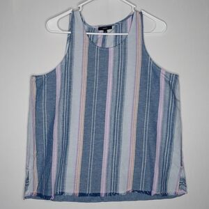 Drew Tank Top Women Large Linen Blend Blue Multicolor Stripe Scoop Fringe Hem